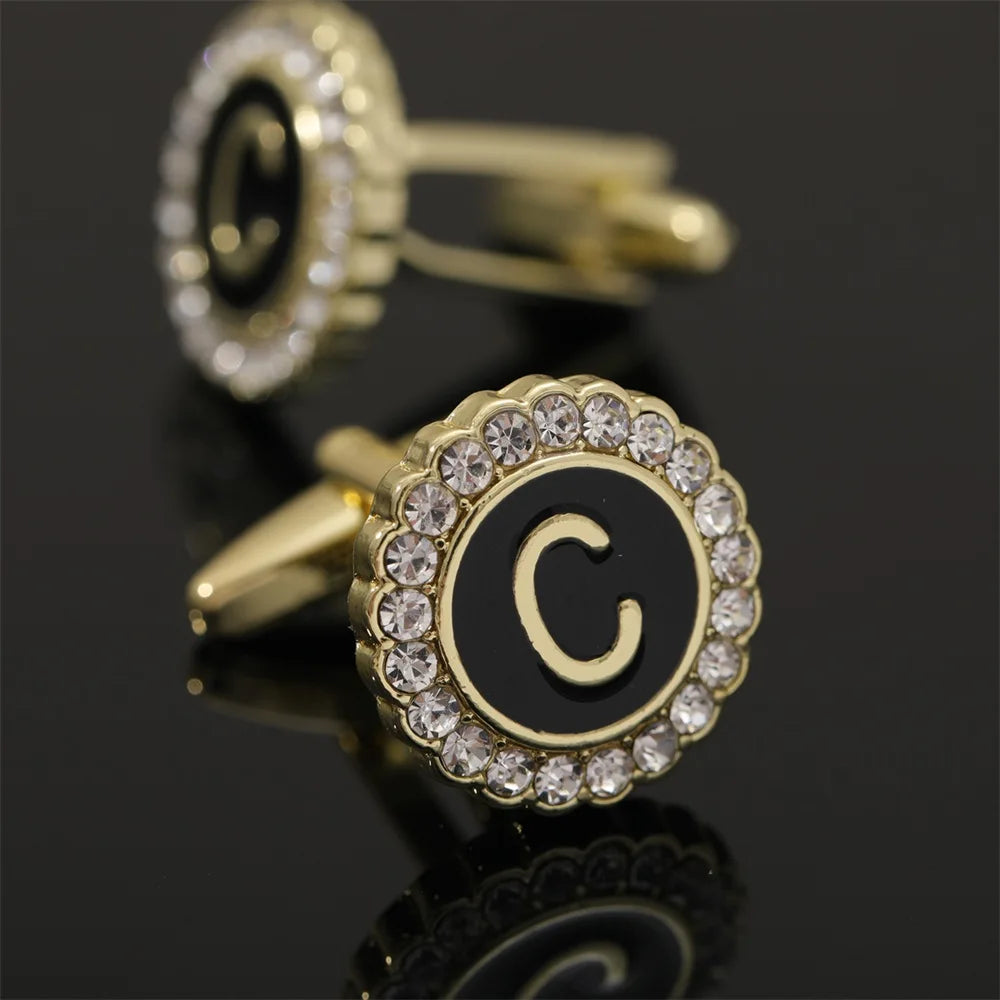 26 Initial Capital Letter A-Z Mens Cufflinks Galaxy Golden Color Gear Shape Crystal Cuff Links Formal Shirt Suit Jewelry Gift
