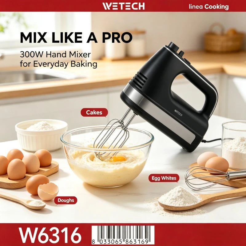 WETECH W6316 300W Electric Hand Mixer 5 Speed Turbo Boost Stainless Steel Whisks