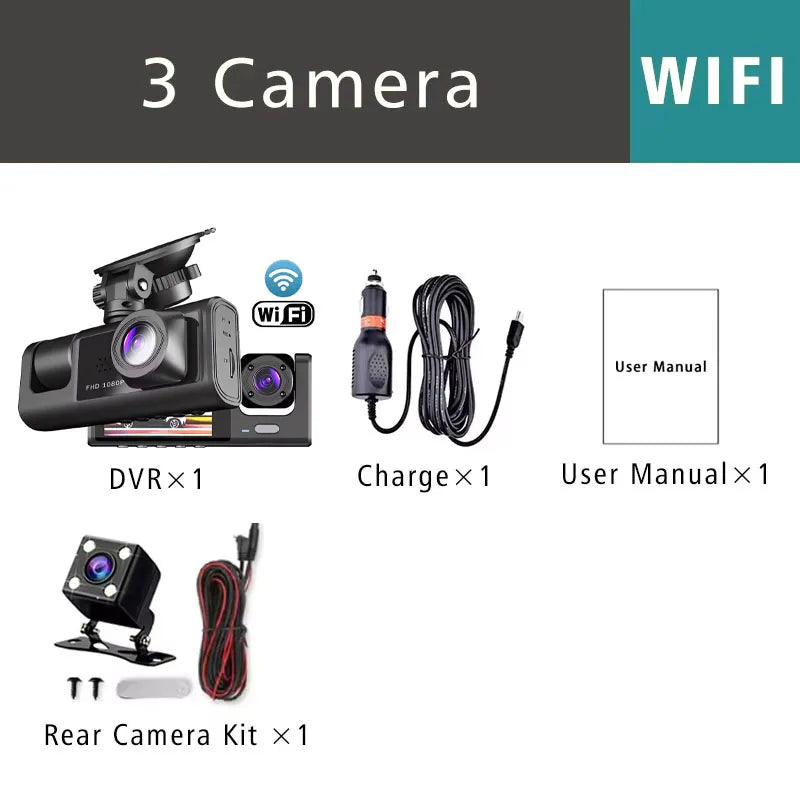 WiFi 3 Channel Car DVR Three Way Dash Cam Inside Vehicle