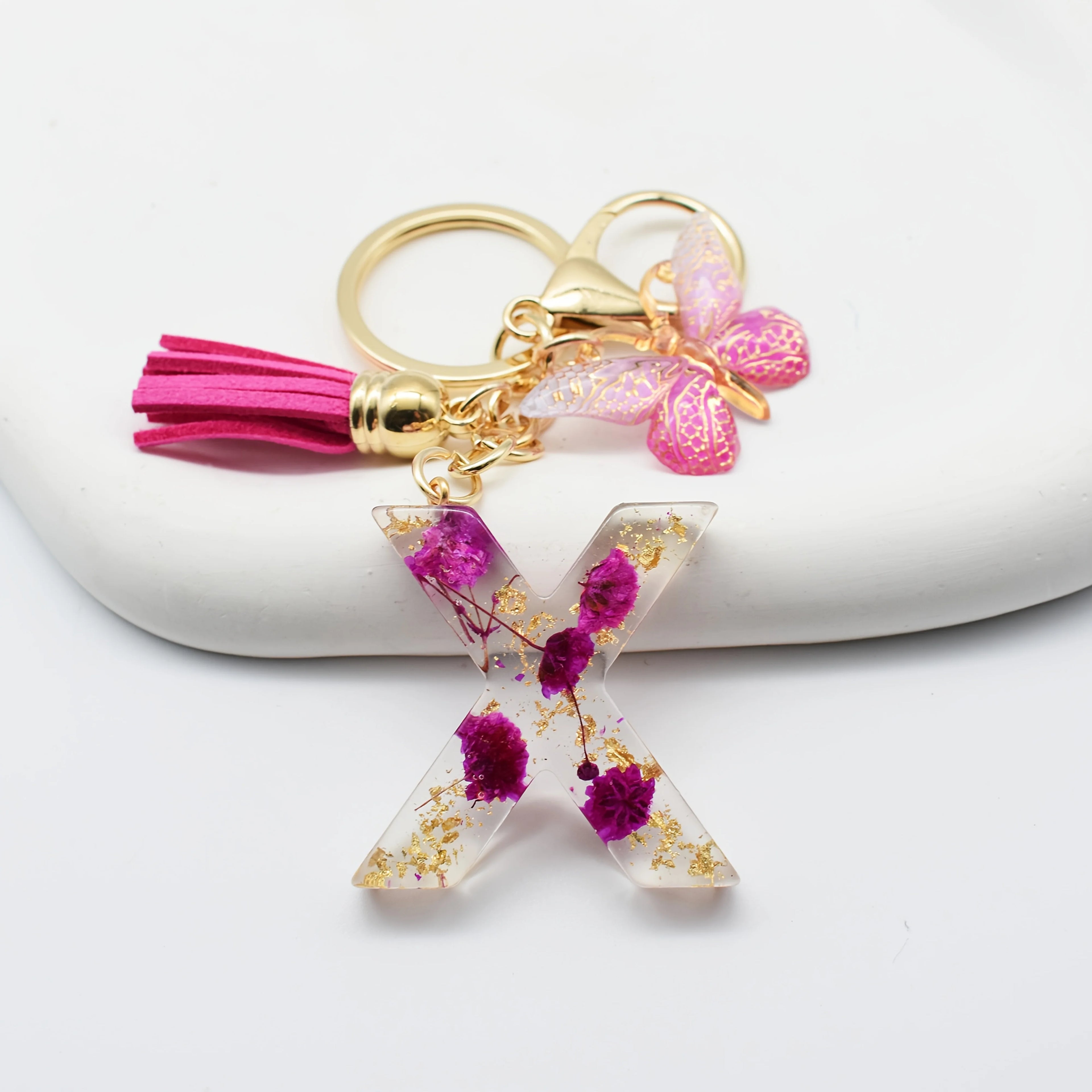 1PC Fashion Easter Alphabet Keychain - Dried Flower Resin Charm, A-Z Initial Pendant Butterfly Tassel, Non-Woven ABS Gift