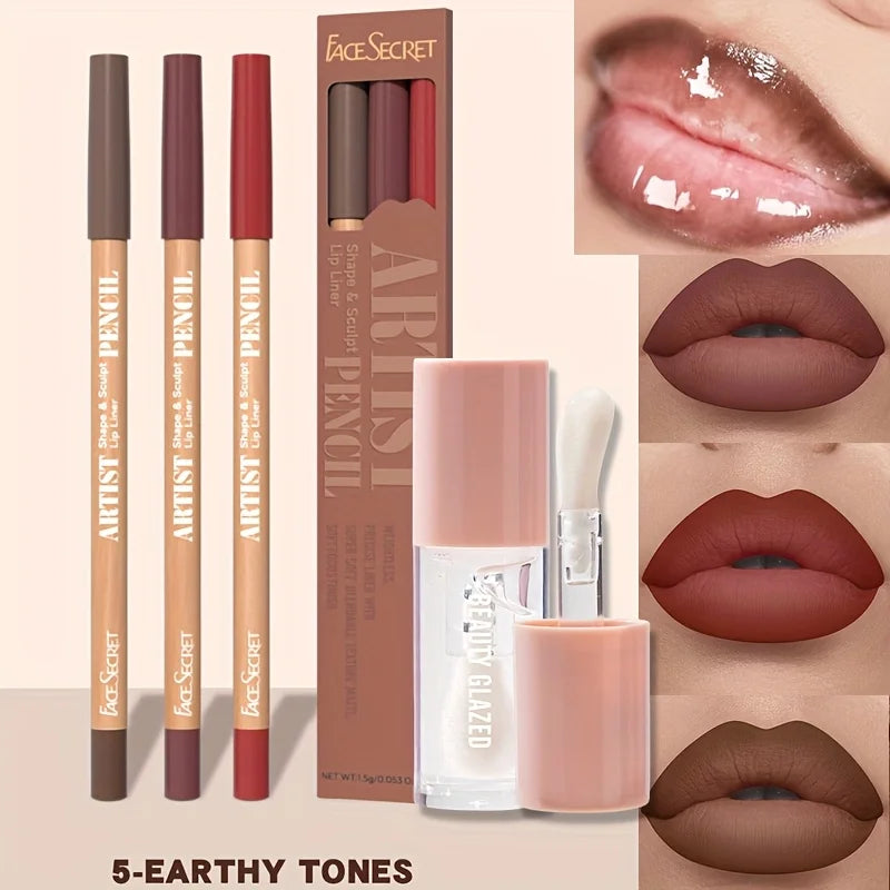 4pcs Matte Lipliner Lip Gloss Combo -Moisturizing Plumping Lip Oil