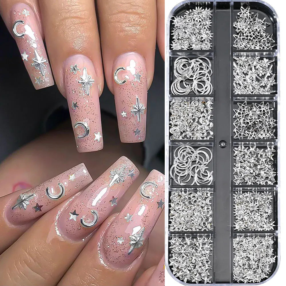 12Grids Silver Star Moon Glitter Nail Charms Mixed Metallic Tips Slice Rivet 3D FlatBack Gold Silver Star DIY Alloy Nail Studs_-