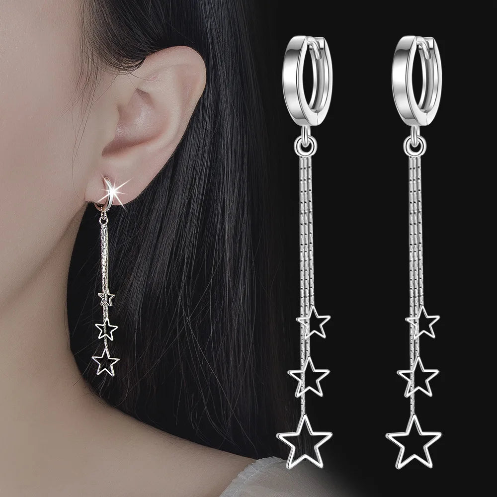 925 Sterling Silver Earrings Long Three Star Earrings