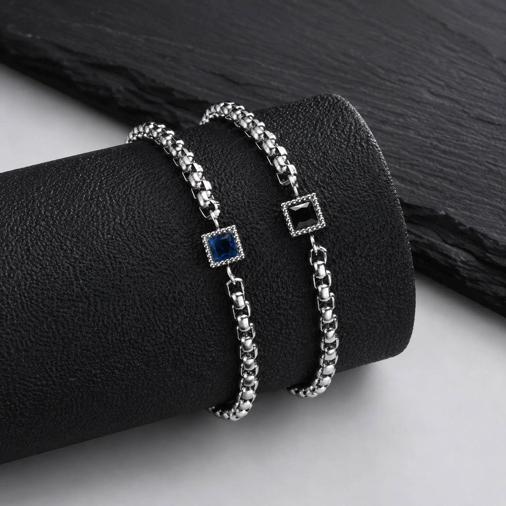 Square Blue Black Stone Bracelet for Men,Adjustable Stainless Steel Box Chain Wristband,Trendy Jewelry Gift for Him Dad