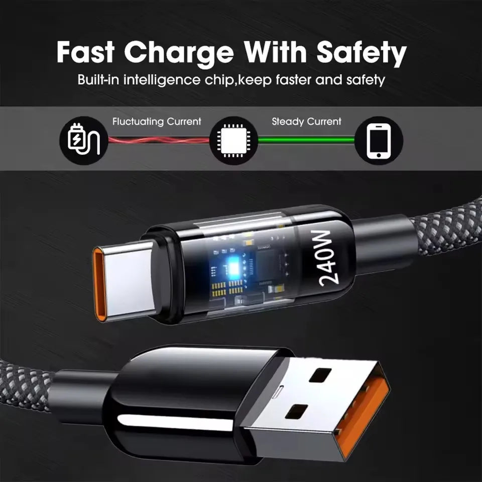 240W Cable QC 3.0 USB to Type C Super Fast Charging Cable For Samsung Xiaomi Huawei LED Digital Display Phone Charger Data Cord
