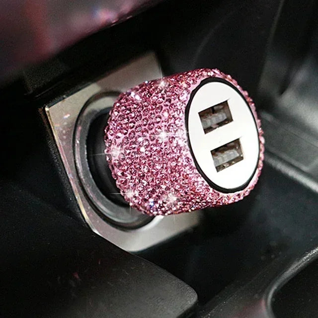 USB Car Charger Pink Crystal Diamond 5V 2.1A Dual Port Fast Charging Adapter 3 in 1 Cable for IPhone Samsung Huawei