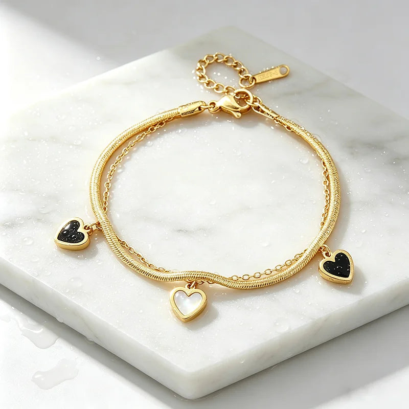 Double Layer Snake Chain Heart Charm Bracelet for Women, Waterproof Hypoallergenic