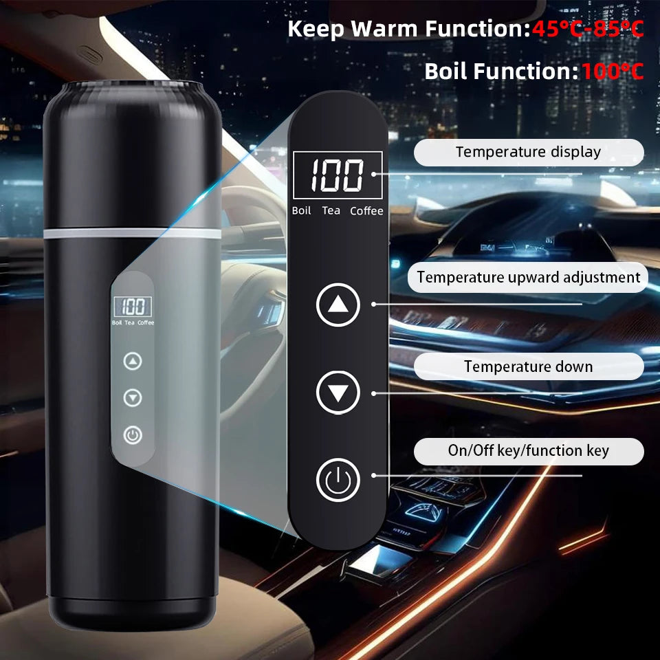 500ml Car Heating Cup 12V/24V Portable Electric Kettle Universal Thermal Cup Travel Kettle Stainless Intelligent Heating Kettle