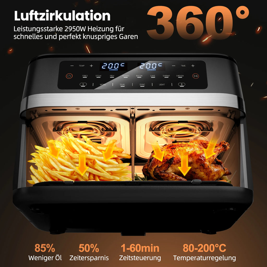 12L Hot Air Fryer Double Pot Simultaneous Cooking 2950W With LED Touch Screen