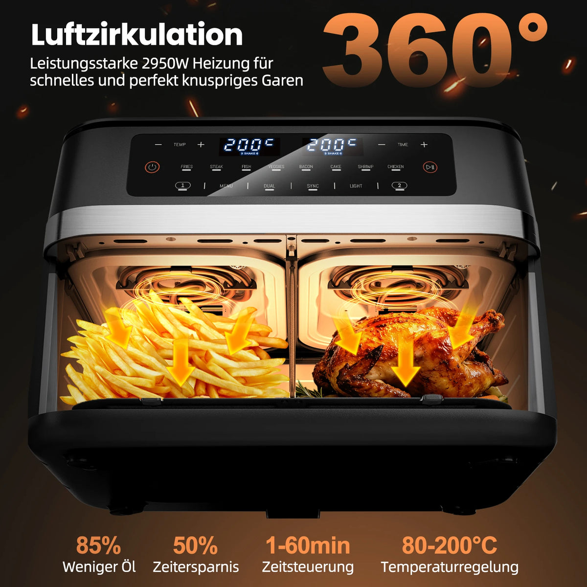 12L Hot Air Fryer Double Pot Simultaneous Cooking 2950W With LED Touch Screen