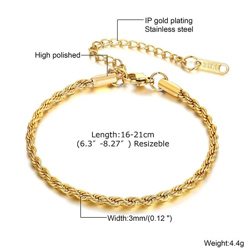 Hip Hop Men's Stainless Steel Rope Chain Bracelets,2/3/4/5mm Gold Color Adjustable