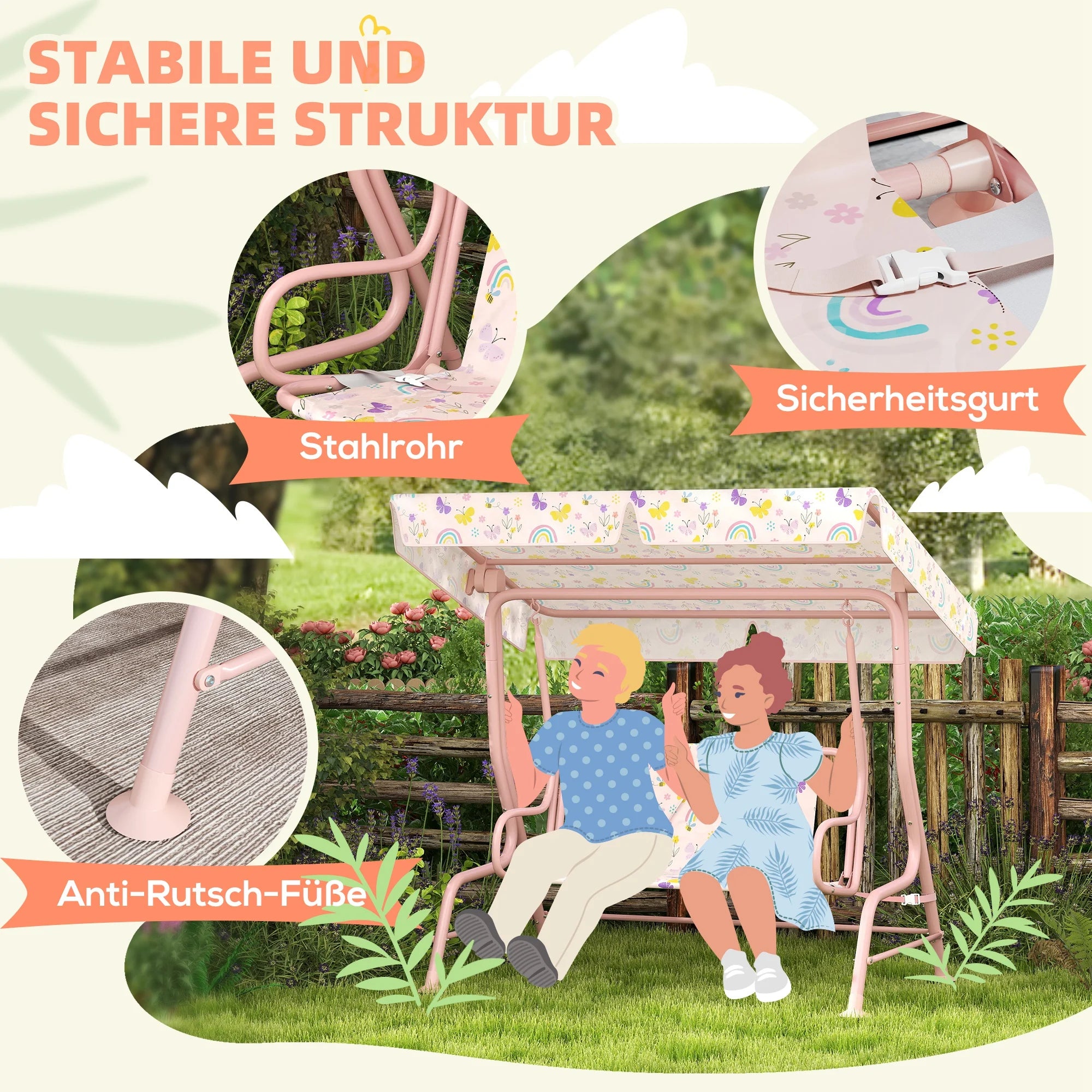 AIYAPLAY Children's Porch Swing Steel Frame 2 Seats 60kg Load Pink, Children's Swing, Outdoor Swing