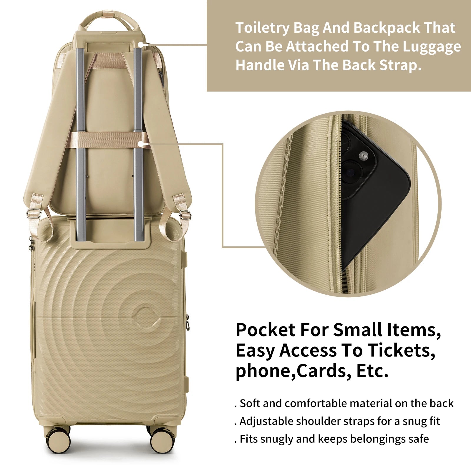 3-Piece Lightweight Expandable PP Luggage Set: 20" Carry-On Suitcase with 360° Spinner Wheels, Travel Backpack & Toiletry Bag, Champagne