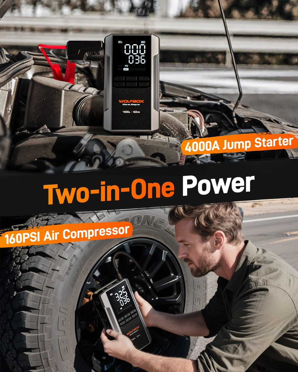 WOLFBOX 4000A Jump Starter with 160PSI Air Compressor, 12V Car Battery Booster