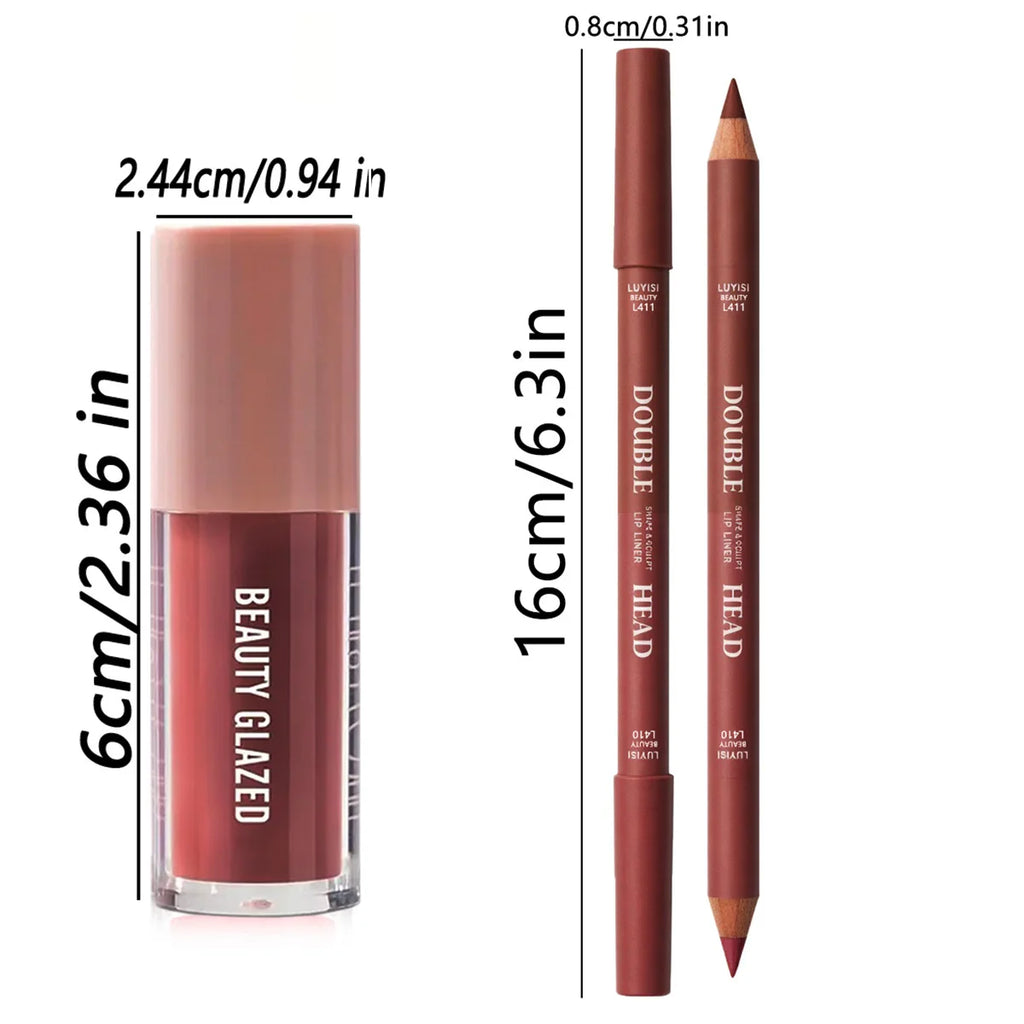 2pcs/Set Lip Makeup Set,1pc Matte Dual-Color Lip Liner+1pc Moisturizing Lip Gloss