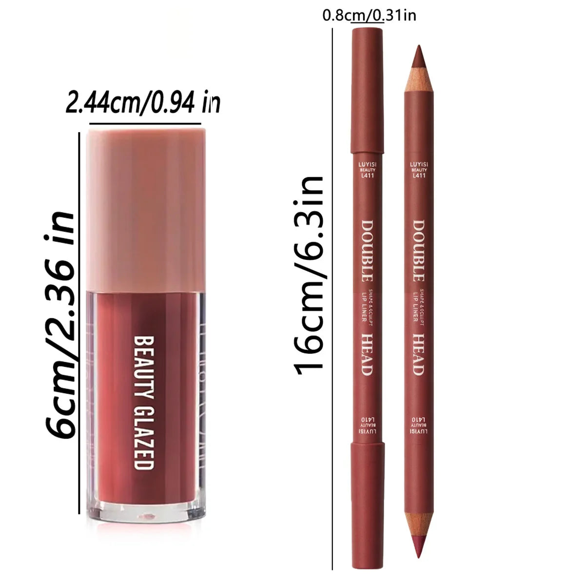2pcs/Set Lip Makeup Set,1pc Matte Dual-Color Lip Liner+1pc Moisturizing Lip Gloss