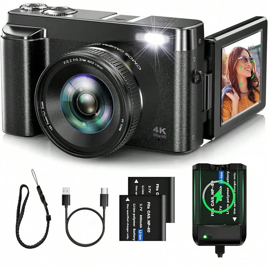 4K Digital Camera 48MP Autofocus 180 ° 3-Inch Flip Screen Selfie Video Vlog Camera 16x Digital Zoom High Definition Anti-Shake Portable