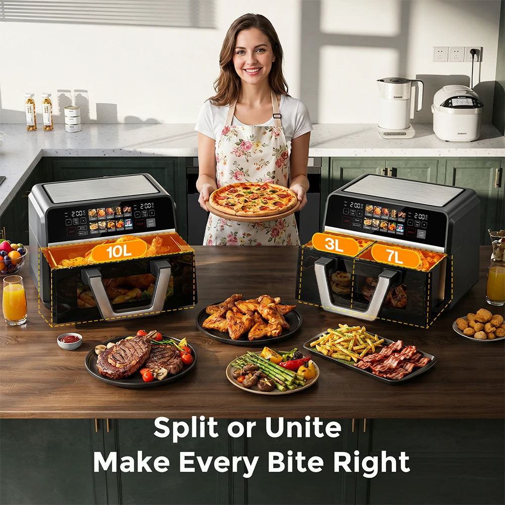 10L Dual Basket Air Fryer Oven, XXL Large Non-fat Fryer Removable Divider, Digital Control