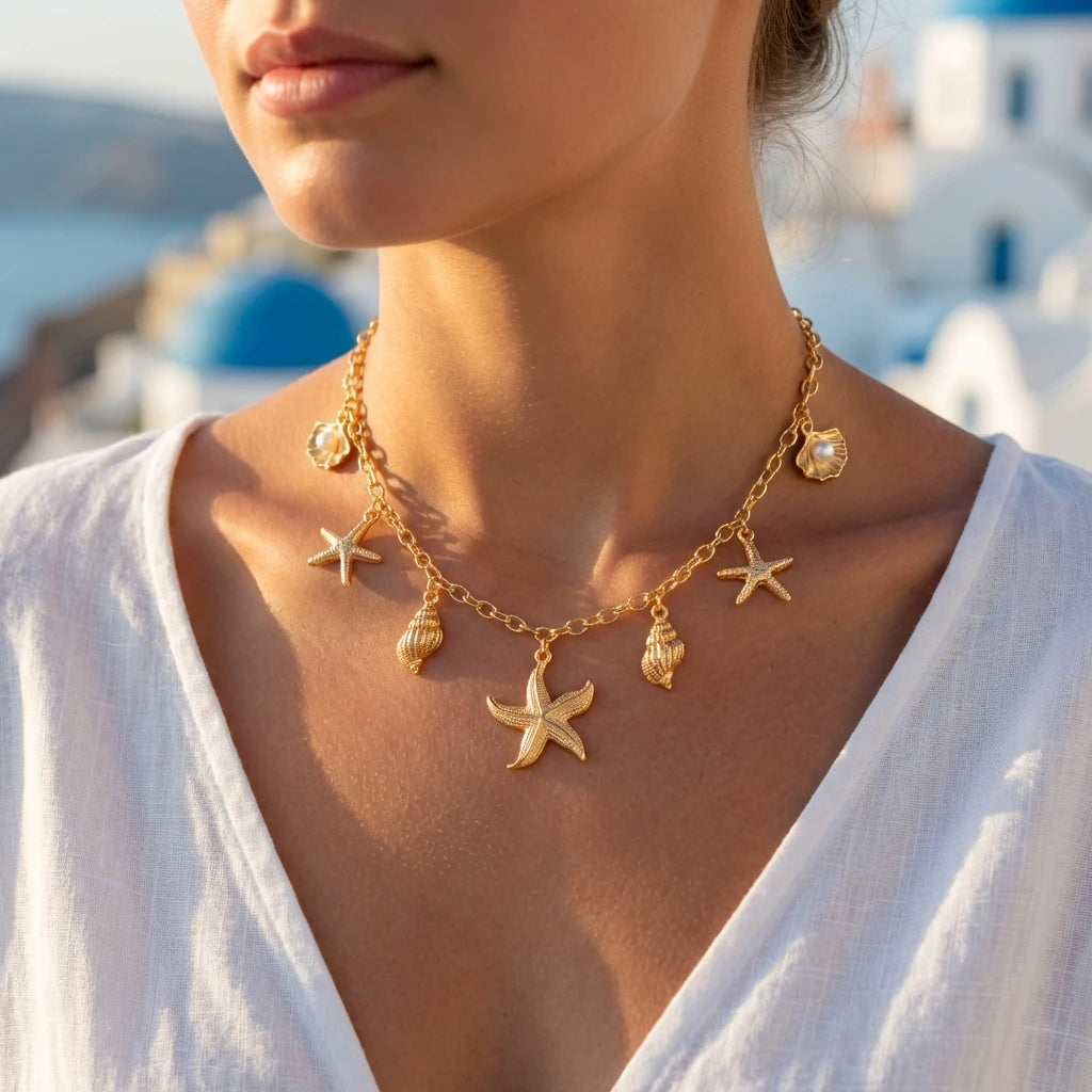 Boho Starfish Scallop Conch Pendant Necklace for Women Elegant Shell Pearl Tassel Metal Chain Choker Summer Beach Party Jewelry