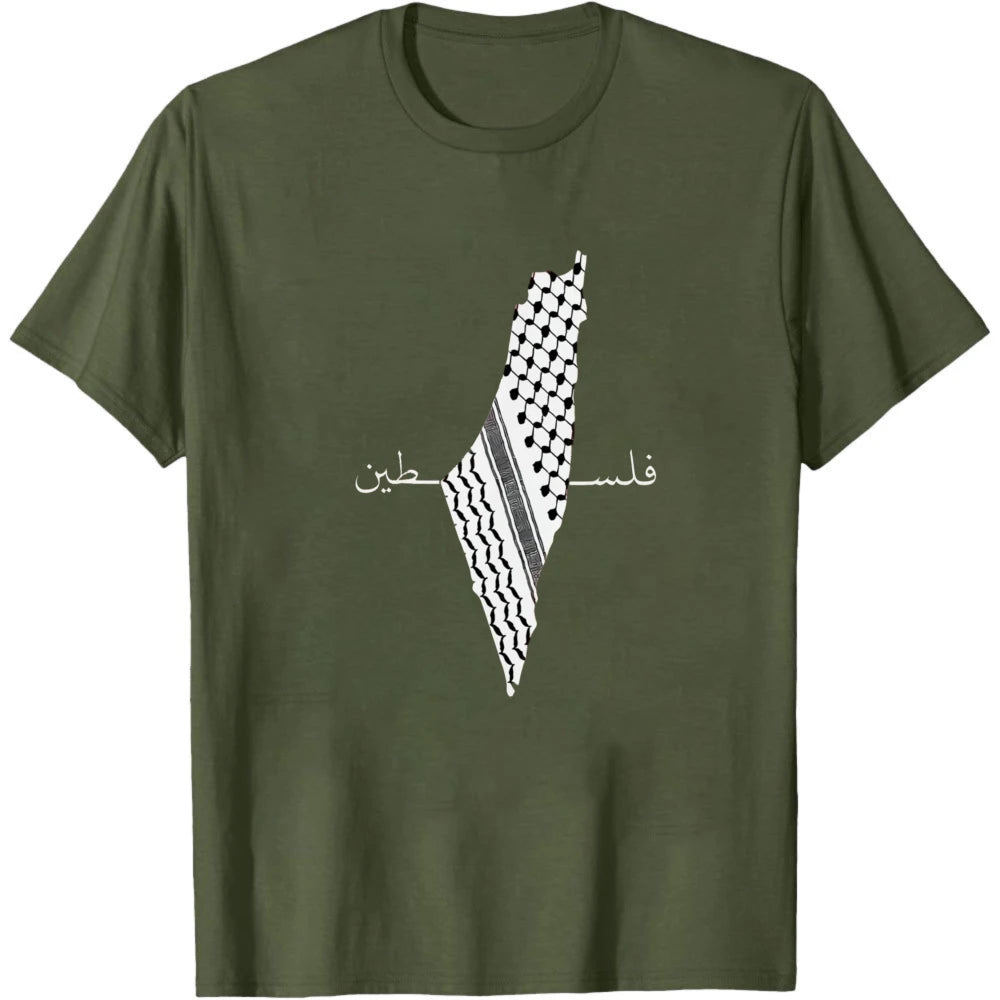 Palestine Keffiyeh Map Arabic Calligraphy Print Cotton T Shirt Men Heritage Patriotic Casual Graphic Tees Summer Men Clothing
