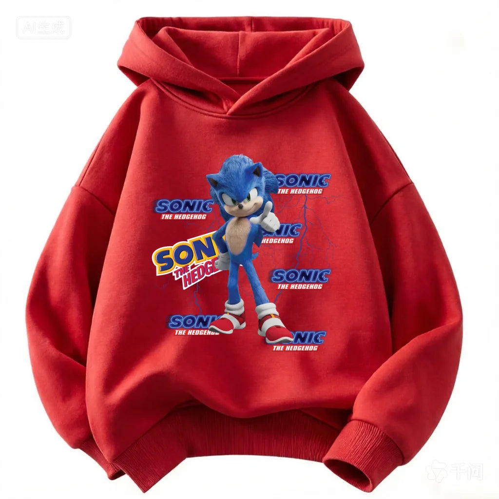 2026 Kids Thick Hoodie with Cute Sonic Anime Pattern