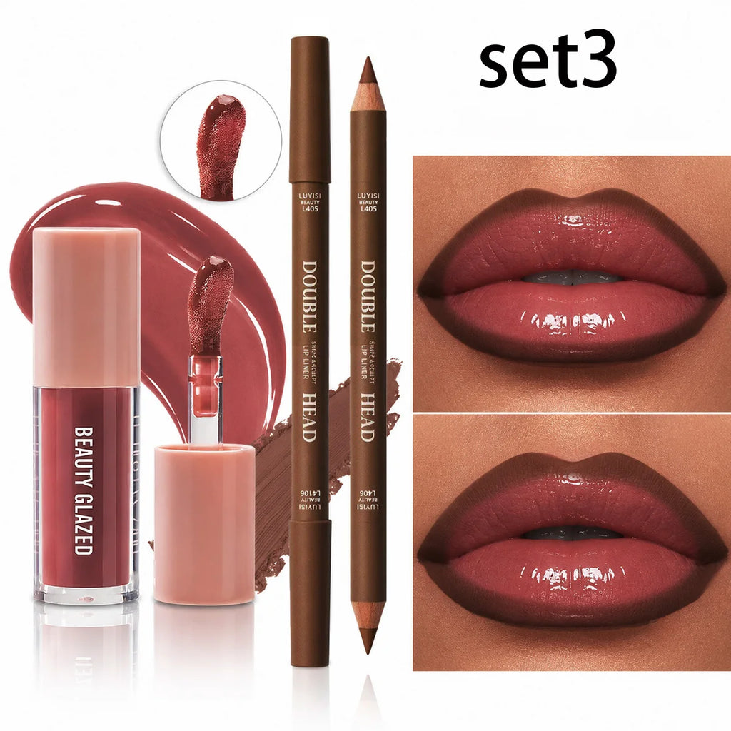 2pcs/Set Lip Makeup Set,1pc Matte Dual-Color Lip Liner+1pc Moisturizing Lip Gloss