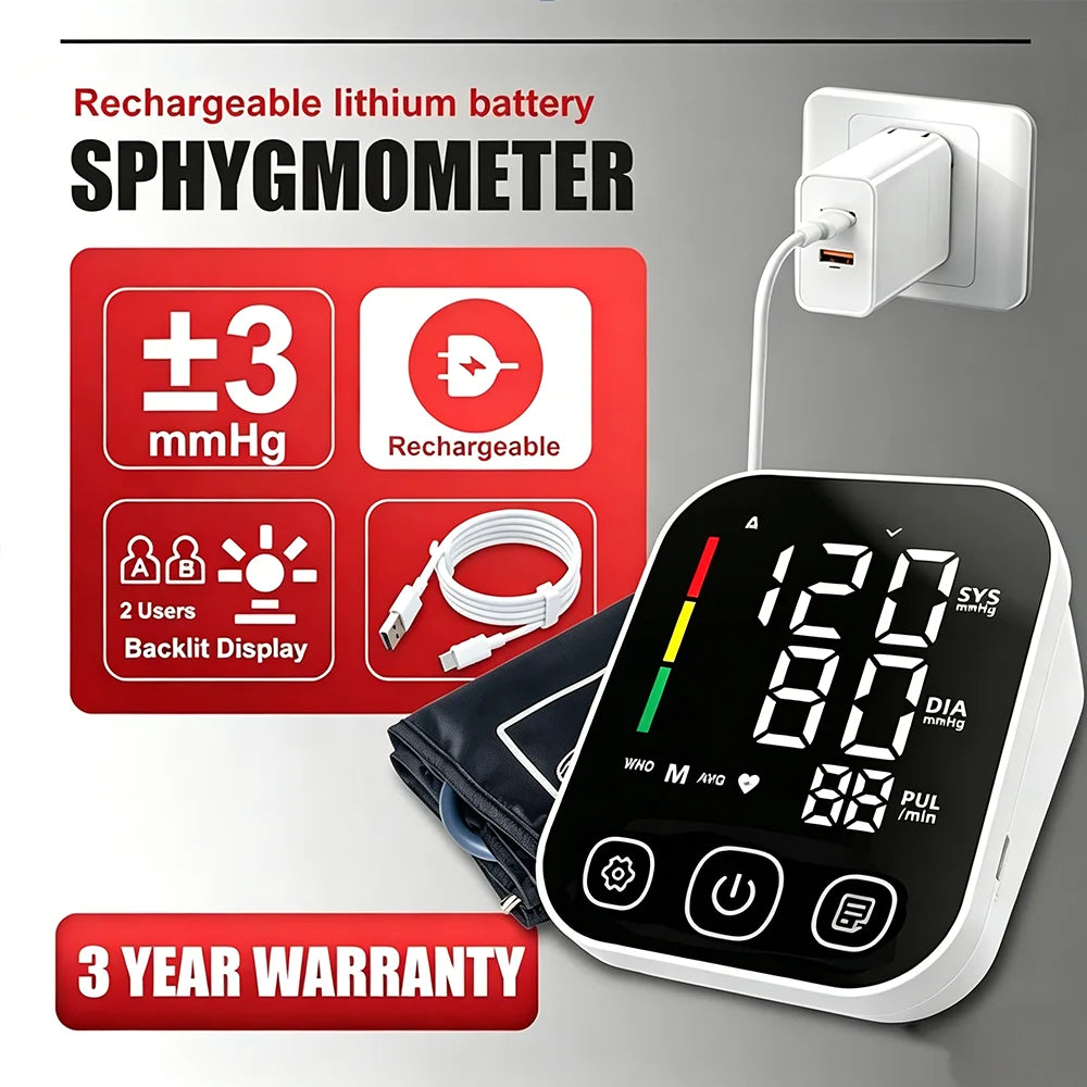 Rechargeable Blood Pressure Monitor Portable Digital Arrhythmia Meter Upper Arm Automatic Tonometer Home Health Tensiometer