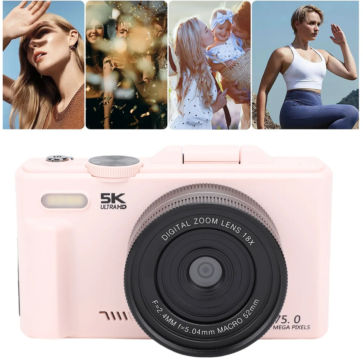 5K 75MP Digital Camera Travel Camera Built in Flash 180°Flip Screen for Photography 18X Digital Zoom Vintage Vlog Video Recorder