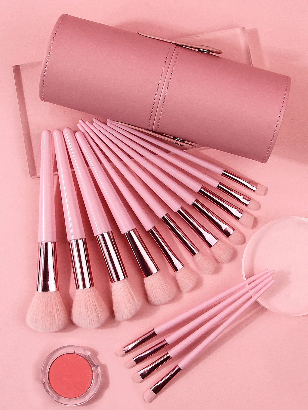 15PCS Pink Makeup Brush Set w/Storage Barrel, Ultra-Soft Bristle, Blush/Eyeshadow Brushes, Pro Tools for Beginners, Easy Clean