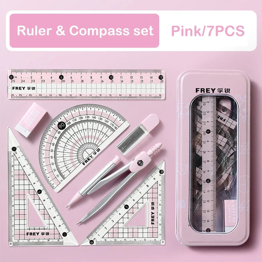 7Pcs Back to School Math Geometry Set, Multi-Function Drawing Tools with Compass