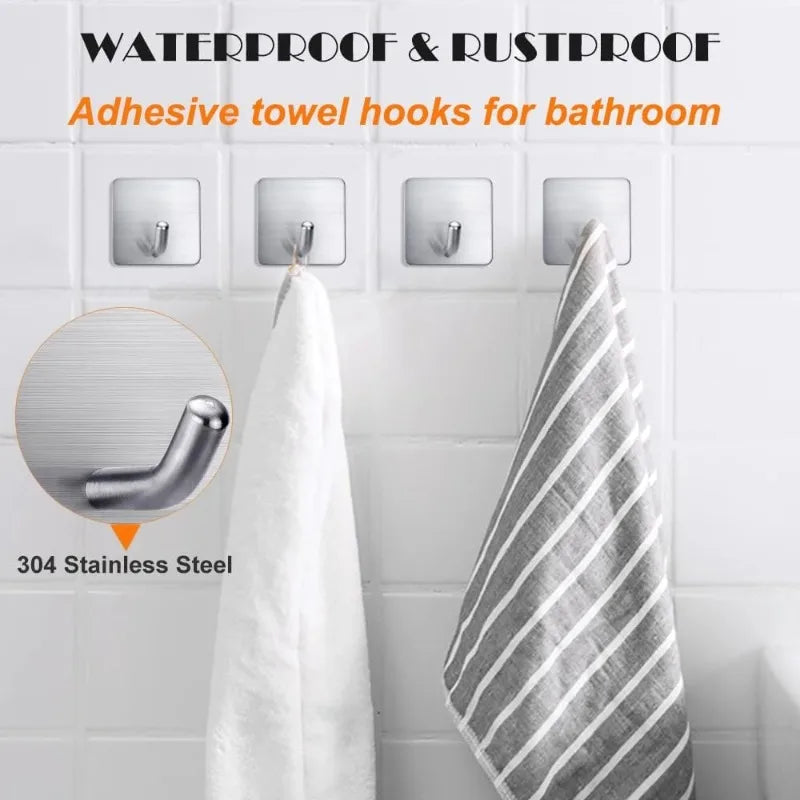 4Pcs No Drill Stainless Steel Self Adhesive Wall Hooks Heavy Duty Bathroom Kitchen Towel Storage Hanger