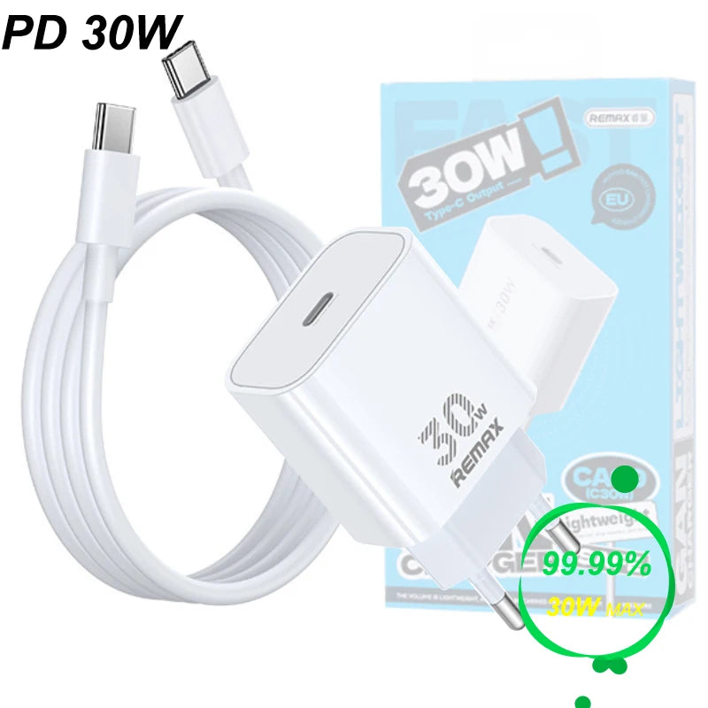 30W PD Fast Charger USB C Type C Wall Adapter With 1M 2M Cable Fast Charging For iPhone 16 15 14 Samsung Google Pixel Travel Cha