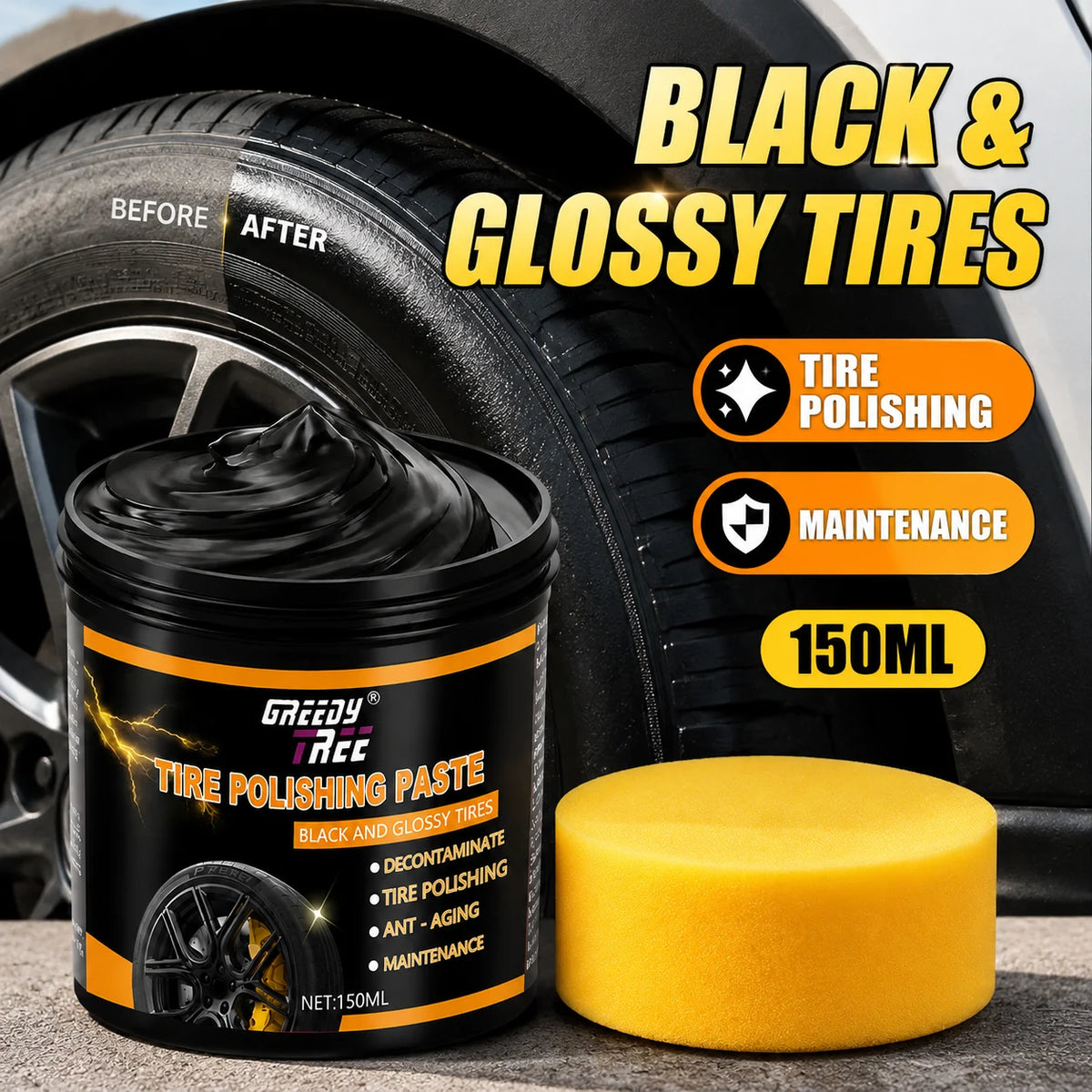 GREEDY TREE Tire Polishing Paste 150ml with Sponge
