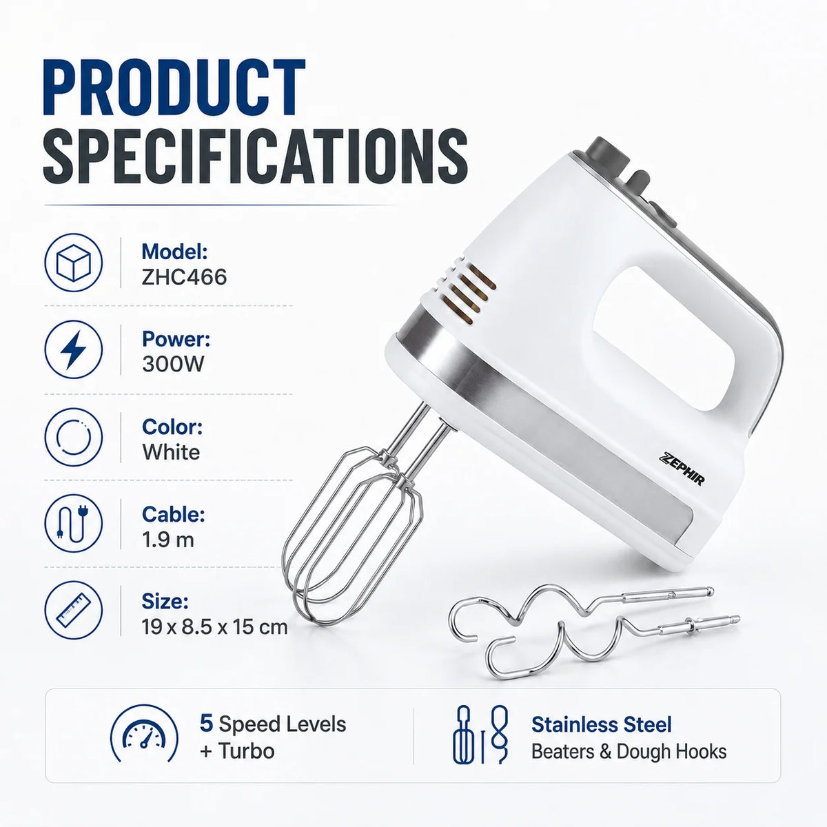 ZEPHIR ZHC466 300W 2 in 1 Electric Hand Mixer 5 Speed Turbo with Stainless Steel Beaters