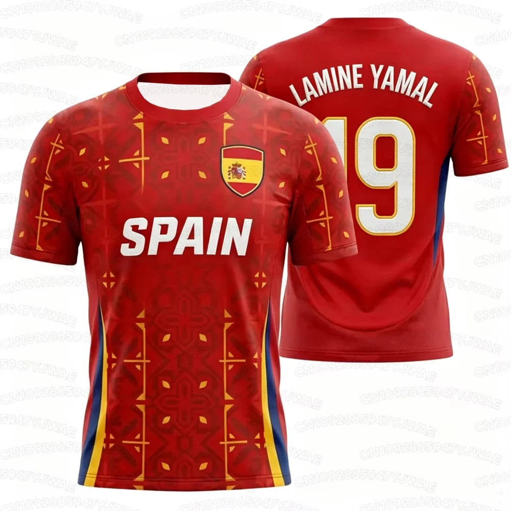 2026 Spain Flag Print Men's Women's NO.19 LAMINE YAMAL Short Sleeve 3D Print Tees Outdoor Kid Soccer Jersey Parent-child T-shirt
