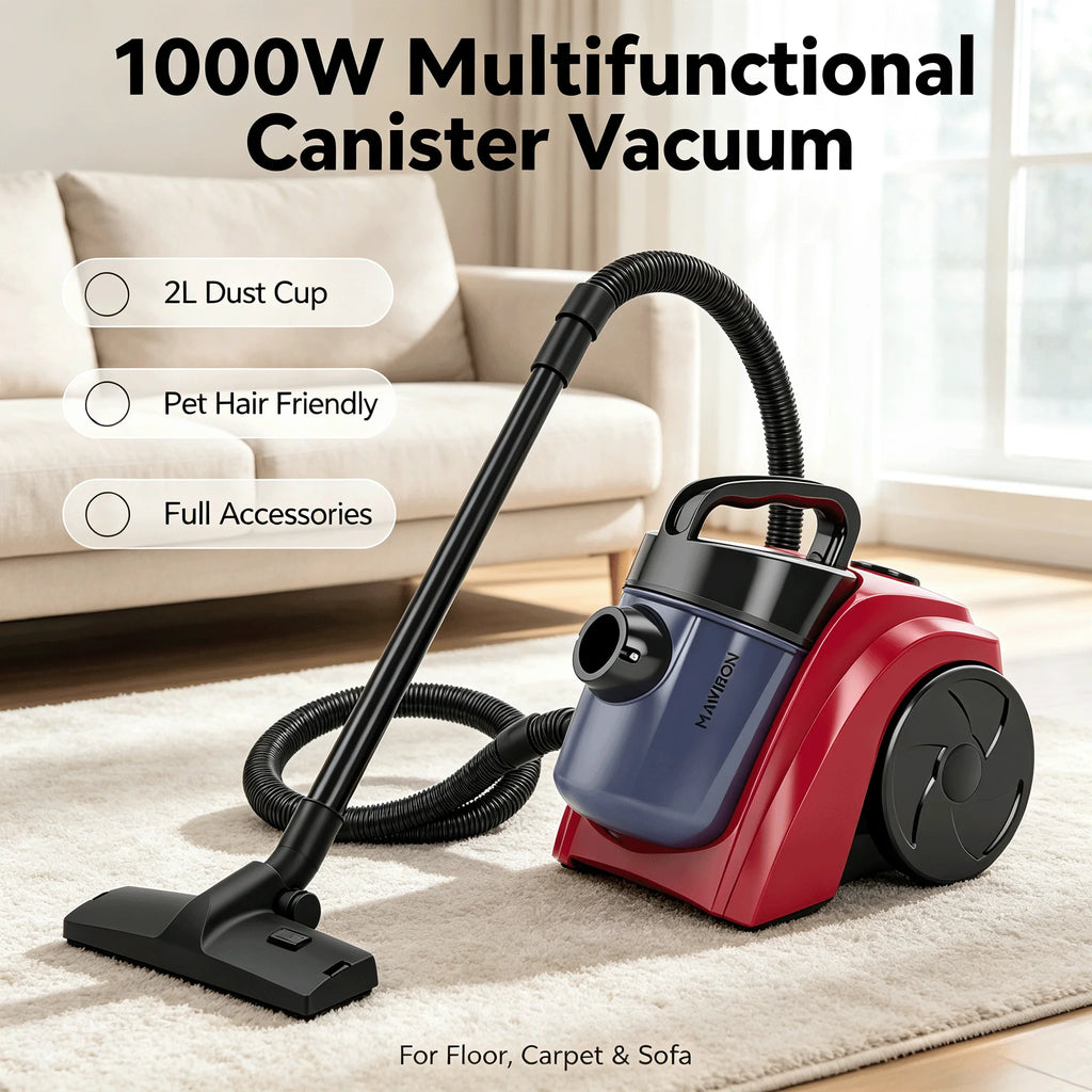 1000W Bagless Canister Vacuum Cleaner, 2L Dust Cup Multifunctional