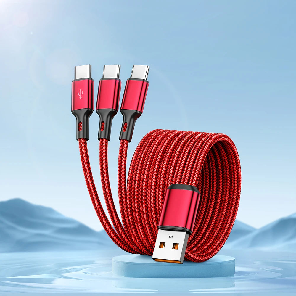 100W 3 in 1 Fast Charging Data Cable USB to 3 Type C Quick Charge