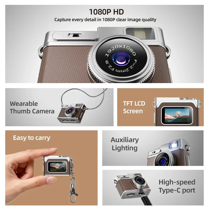 1080P HD Retro Mini Camera Thumb Camera Wearable Portable Mini Keychain Camera for Outdoor Travel Photography VLOG