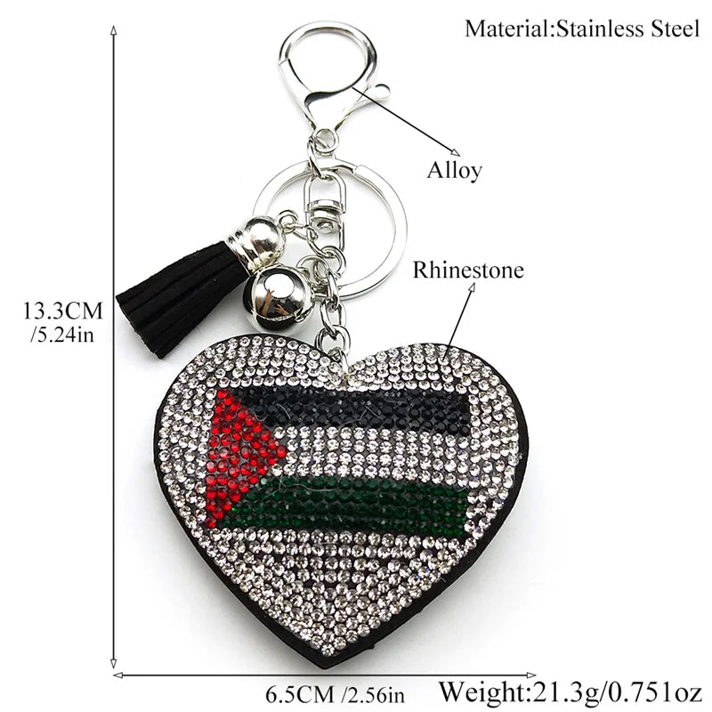 Palestine Flag Full Crystals Heart Shaped Key Chain for Women Men Leather Silver Color Keyring Bag Car Accessories Jewelry Gift