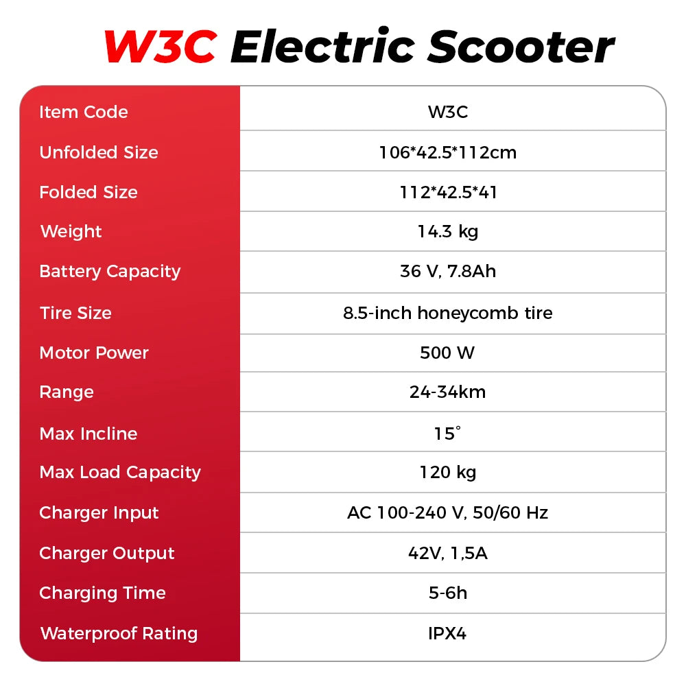 W3C Electric Scooter 8.5 Inch 500W Max Motor 36V7.8Ah Battery 24-34KM Range 3 Speed 35KM/H Rear Drive Rear Hub Brake + E Brake With App E Scooter