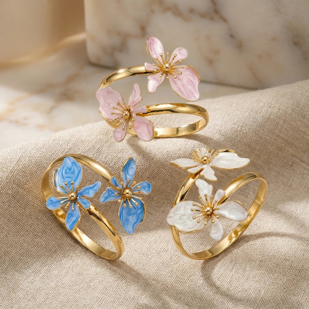 Elegant Enamel Flower Open Cuff Bracelet For Women Gold Plated Metal Pink White Blue Floral Bangles Beach Party Vacation Jewelry