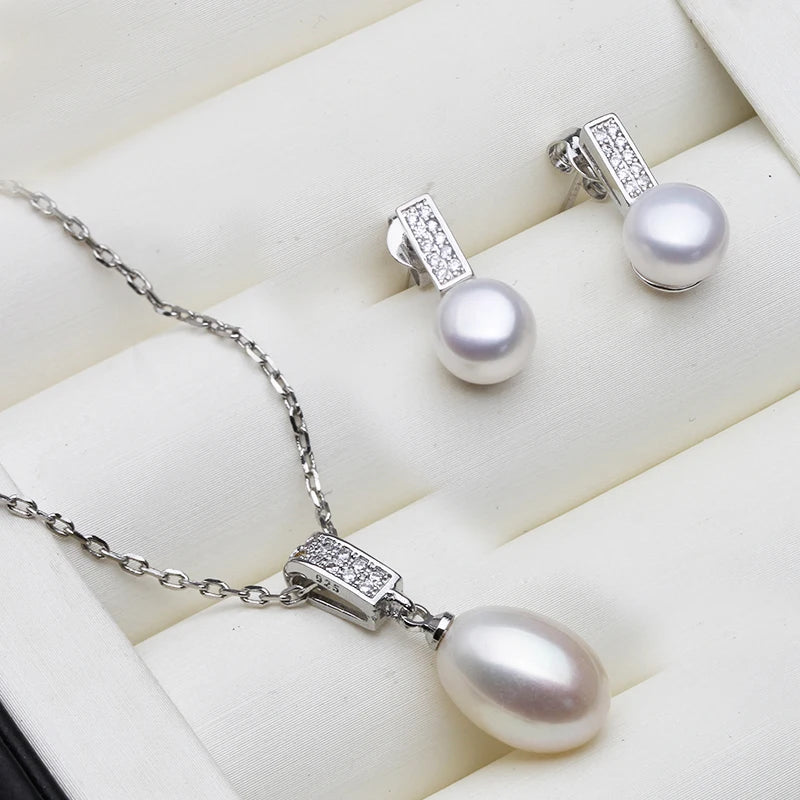 Real Natural Freshwater Pearl Necklace and Earrings Set Woman