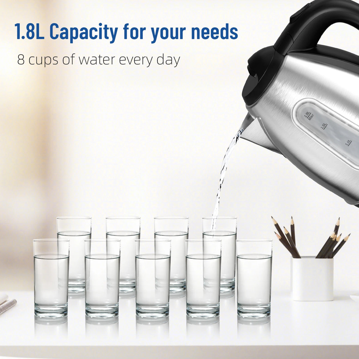 1.8L Stainless Steel Electric Kettle with Water Level Window,