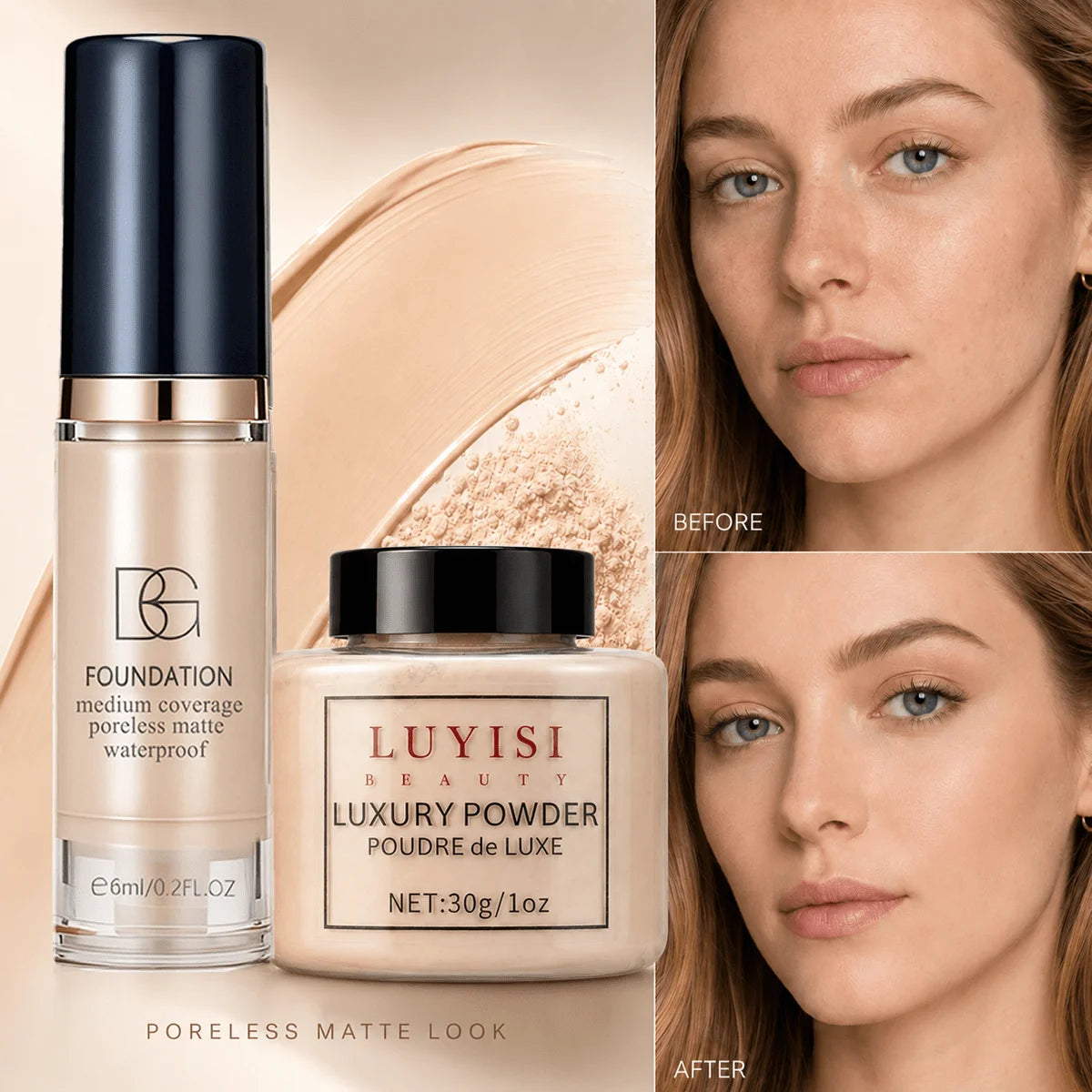 Facial Makeup Set:1pc Matte Loose Powder+1pc Waterproof Fundation