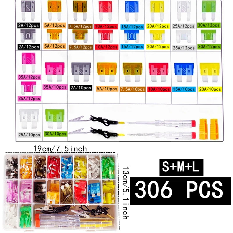 50-306 pcs car fuse combination kit, mini small medium, fuse blade type for marine, automotive,2A 3A 5A 10A 15A 20A 25A 30A 35A