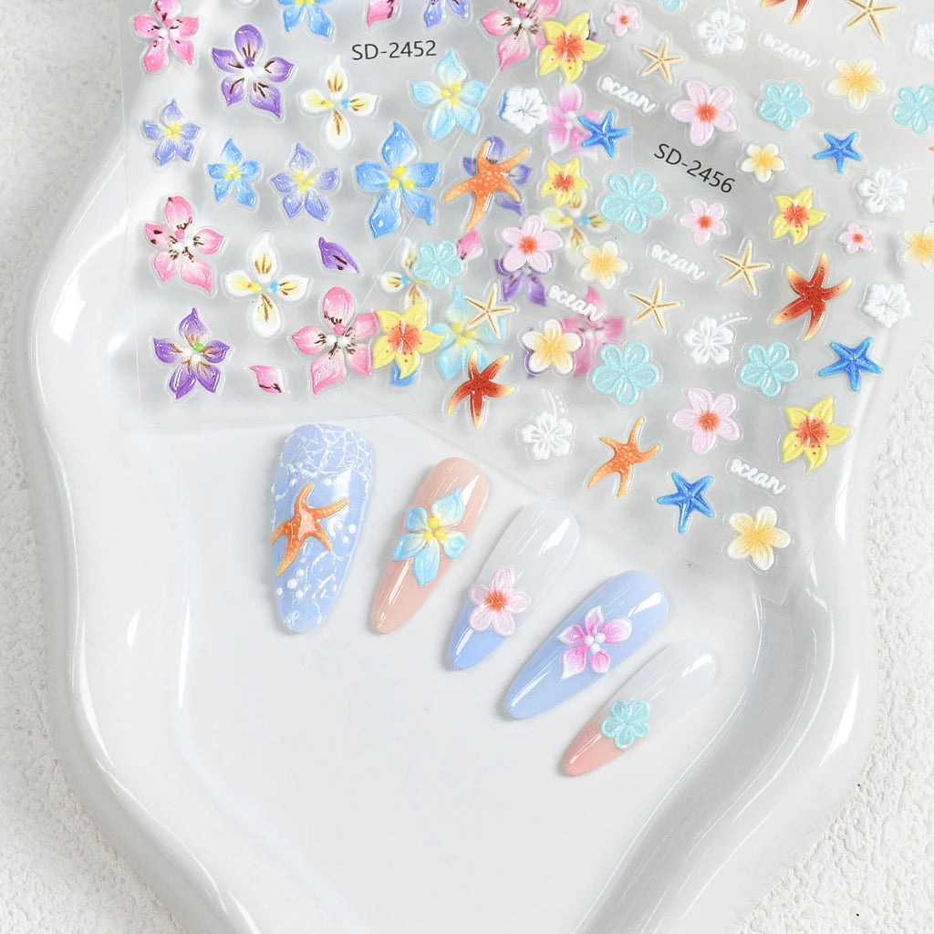 3 to 120 Sheets Tropical Flower Nail Stickers Hibiscus Butterfly Starfish