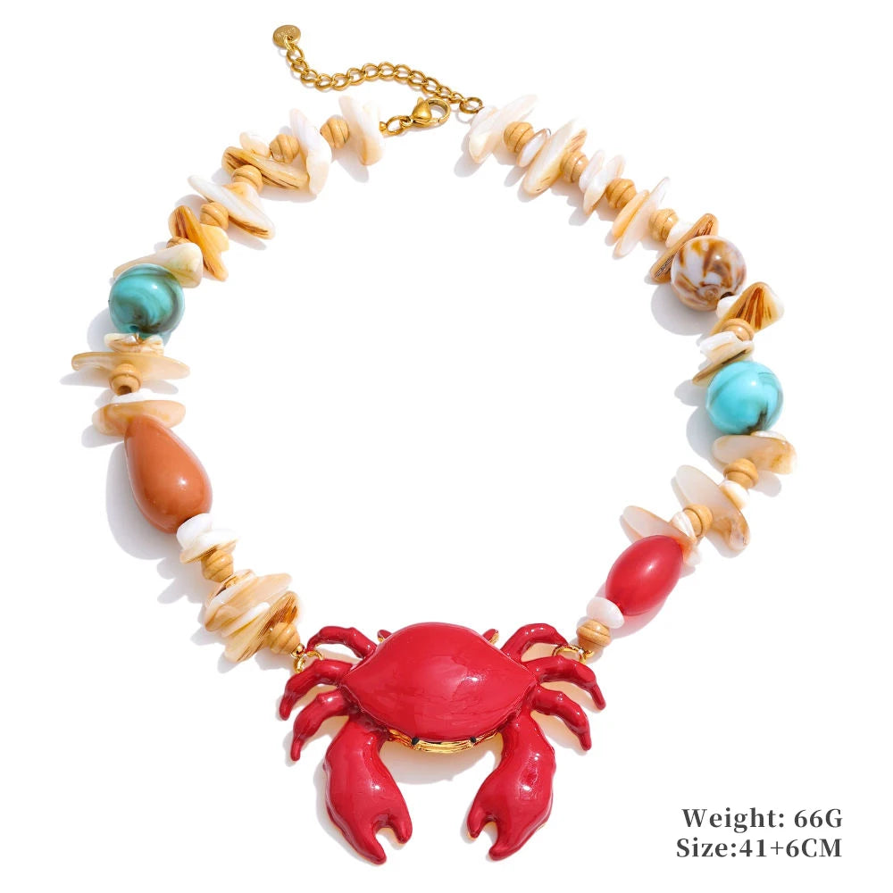 Yhpup Ocean Style Crayfish Crab Pendant Necklace for Women Shell Acrylic Resin Chain Handmade Jewelry