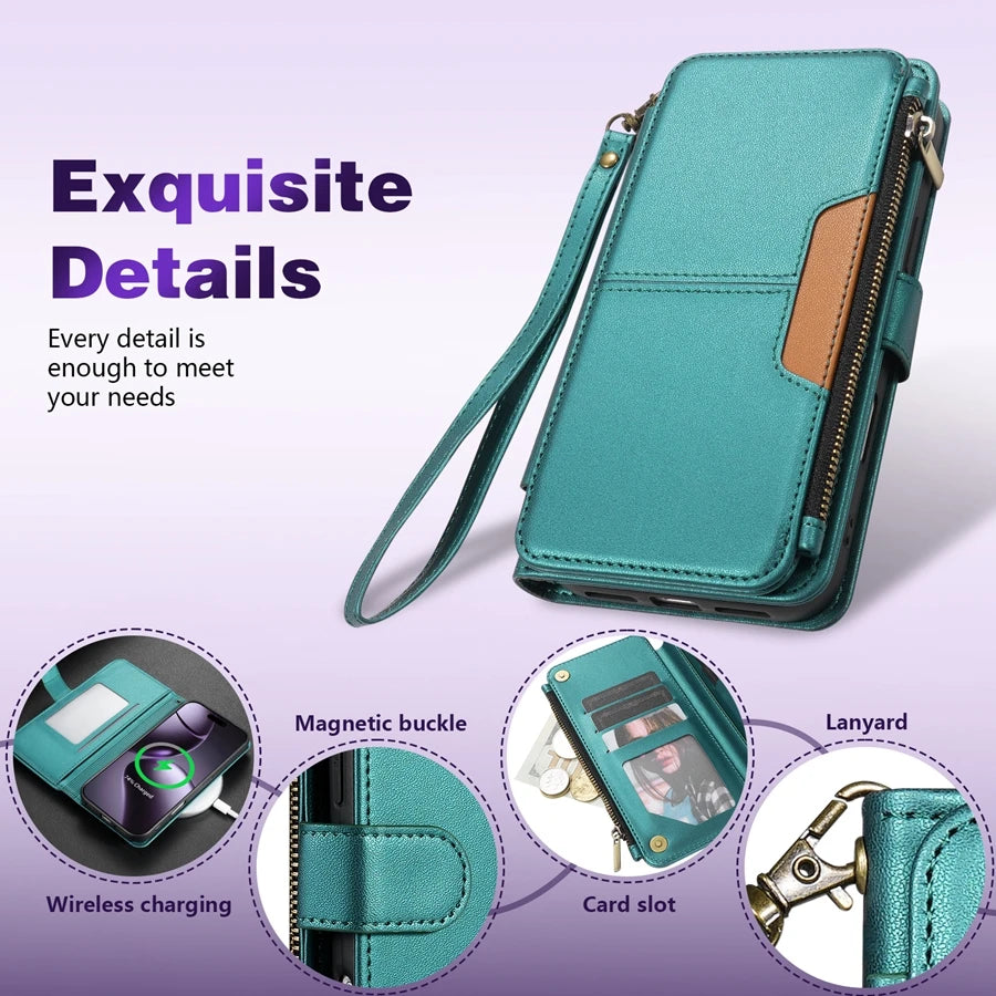 Wallet Multi-card Slot Zipper Kickstand Magnetic Flip Leather Case For iPhone 17 Pro Max 17e Air 16e 15 Plus 14 13 12 11 XR 8 7