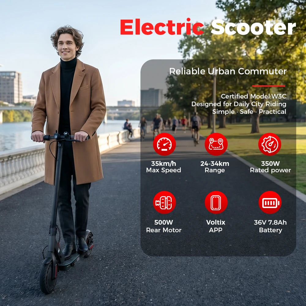 W3C Electric Scooter 8.5 Inch 500W Max Motor 36V7.8Ah Battery 24-34KM Range 3 Speed 35KM/H Rear Drive Rear Hub Brake + E Brake With App E Scooter