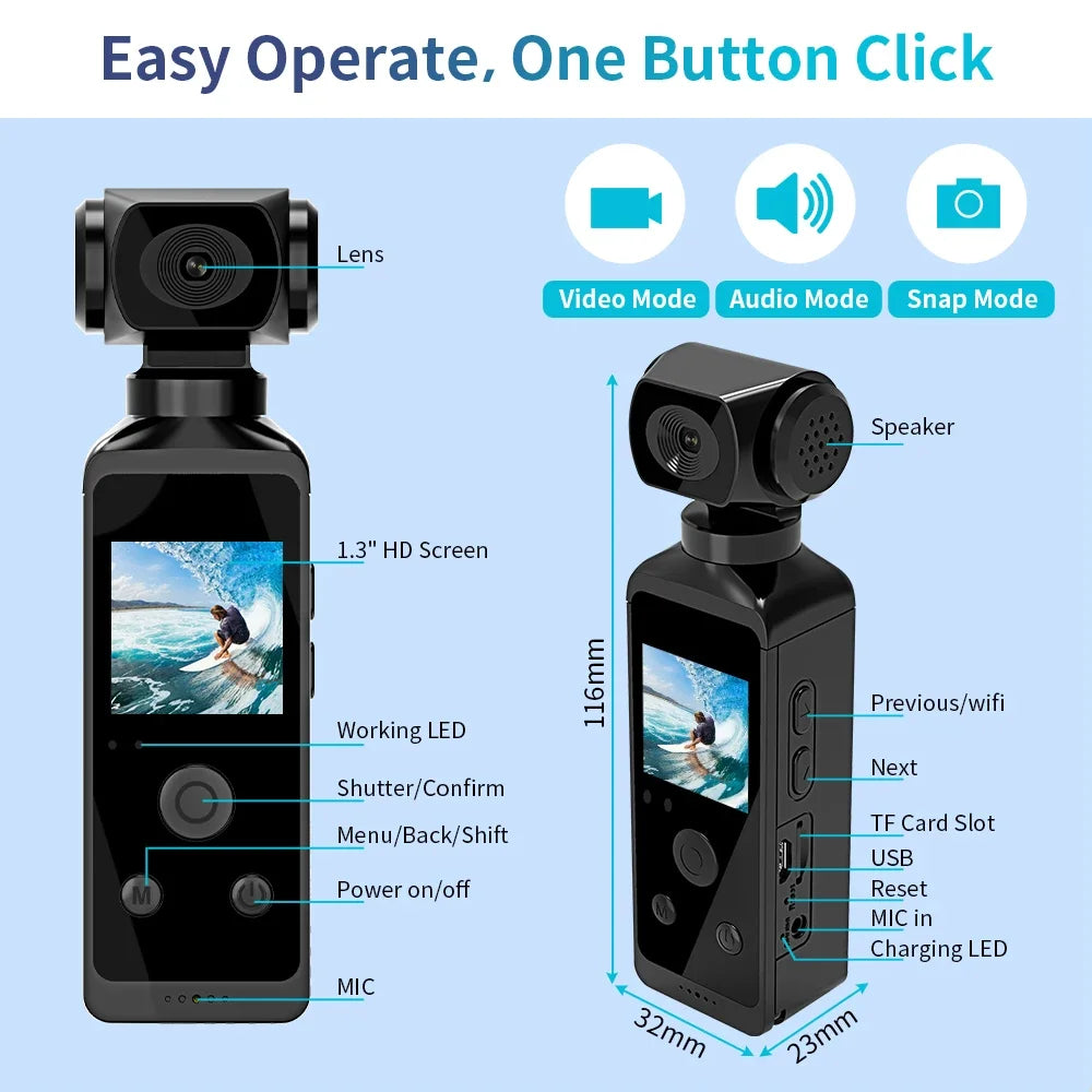 4K Ultra HD Pocket Action Camera 270° Rotatable Vlog Wifi Mini Sports Cam Waterproof Case